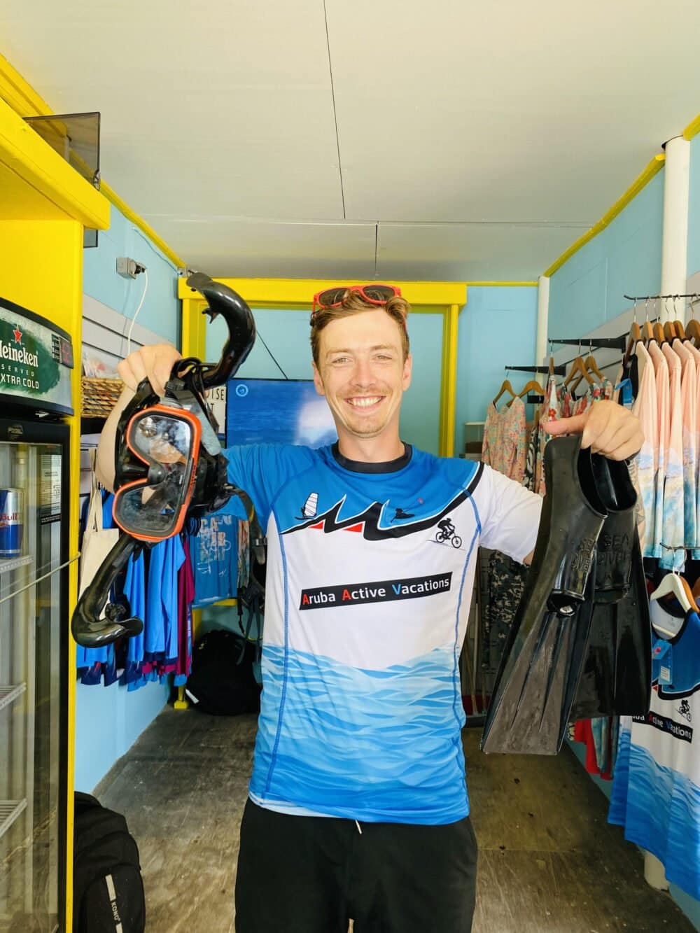 Our employee maarten with snorkeling gear, you can rent from us.